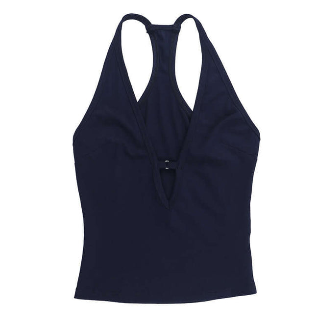 VNeck Backless Halter Vest – Slim Fit in navy blue, featuring a flattering V-neck and backless design.