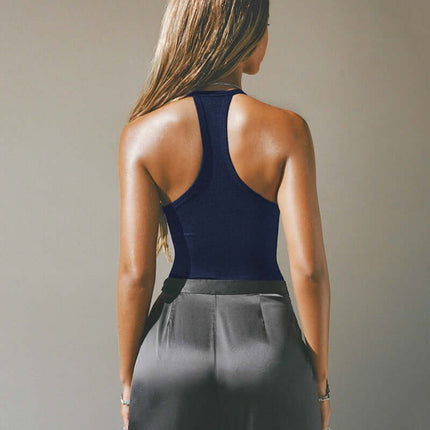VNeck Backless Halter Vest – Slim Fit showing a stylish back design on a model.