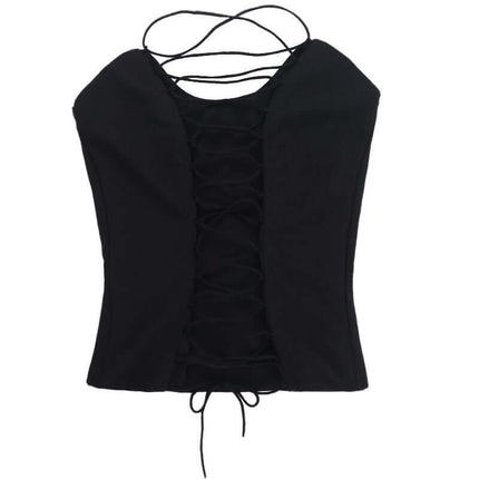 VNeck Cross Hollow Strapless Top – Slim Fit in black, featuring a stylish cross hollow strap design.
