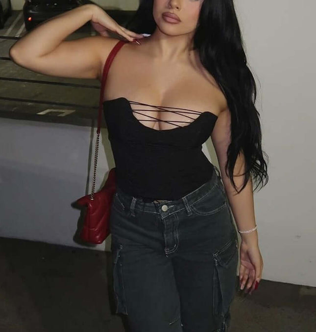 VNeck Cross Hollow Strapless Top – Slim Fit showcased on a model, featuring a stylish cross hollow strap design.