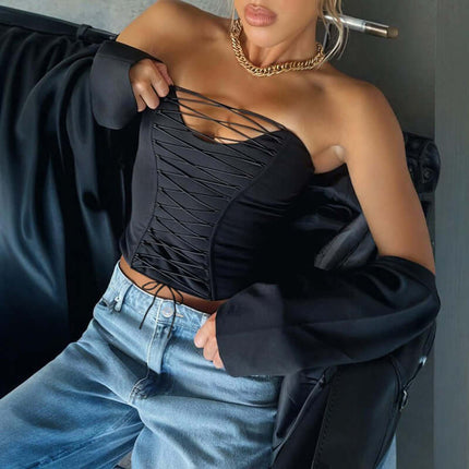 VNeck Cross Hollow Strapless Top – Slim Fit worn by a model in stylish setting, showcasing its modern design and fit.