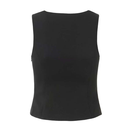 VNeck Sleeveless Crop Top - Slim Fit in solid black, showcasing a sleek and stylish design for women's casual wear.