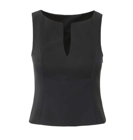 VNeck Sleeveless Crop Top - Slim Fit in solid black color with a chic design for women