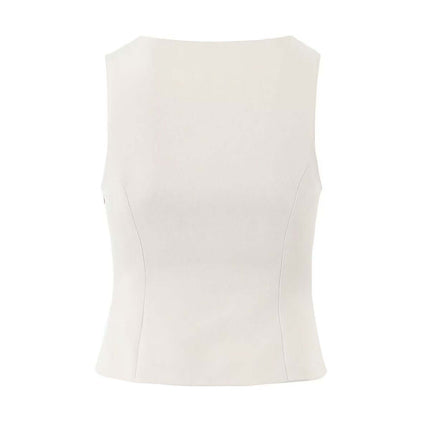 VNeck Sleeveless Crop Top - Slim Fit in solid white color with a clean, fitted design for a trendy look.