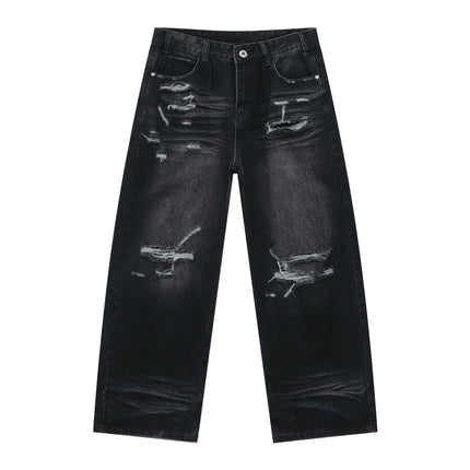 Washed Distressed Straight Jeans – Loose Fit featuring a vintage washed and distressed finish and wide-leg silhouette.
