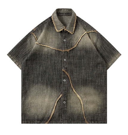 Washed Gradient Denim Shirt - Loose Fit featuring a stylish color block design and relaxed fit for casual outfits.