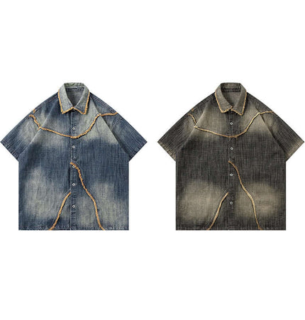 Washed Gradient Denim Shirt - Loose Fit in blue and gray color options for casual street style.