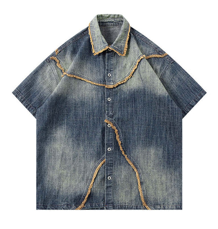 Washed Gradient Denim Shirt - Loose Fit featuring a unique color-block design and classic flip collar.