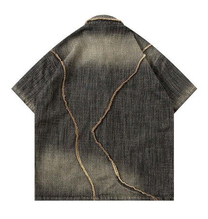 Washed Gradient Denim Shirt - Loose Fit back view with unique gradient design and short sleeves.