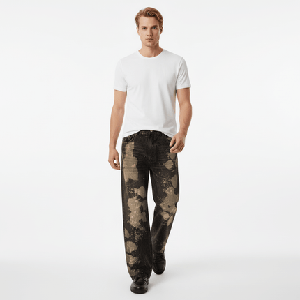 Washed Retro Loose Fit Denim Pants worn by a model in a white t-shirt against a minimalist background.