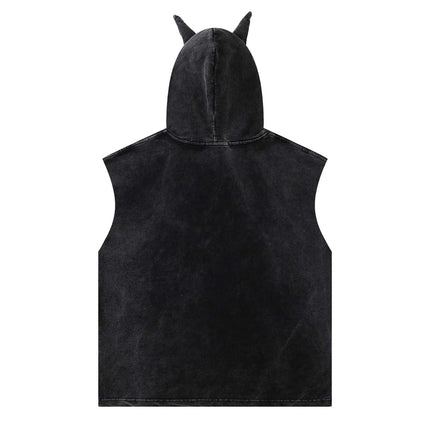 Back view of Washed Sleeveless Hooded Tank Top with unique hood and no sleeves, perfect for summer street style.