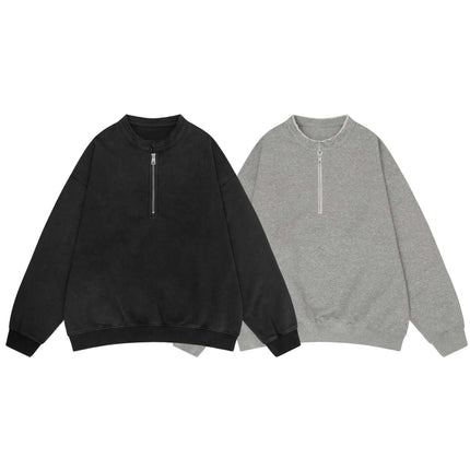 Washed Stand Collar Zipper Hoodie in black and gray, showcasing a modern streetwear style with unique zipper design.