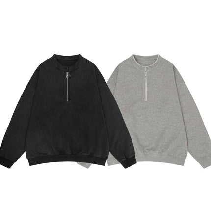 Washed Stand Collar Zipper Hoodie in black and gray, showcasing a modern streetwear style with unique zipper design.