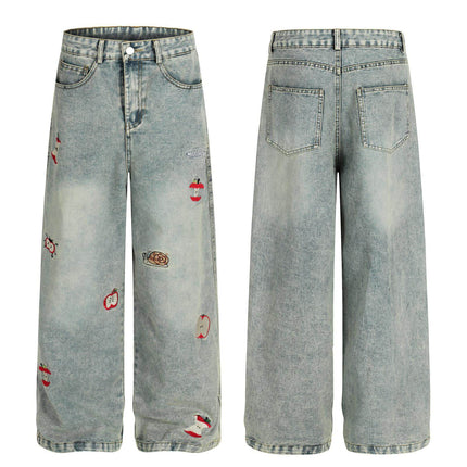 Washed Straight Cropped Jeans with embroidered patchwork details in light blue denim.