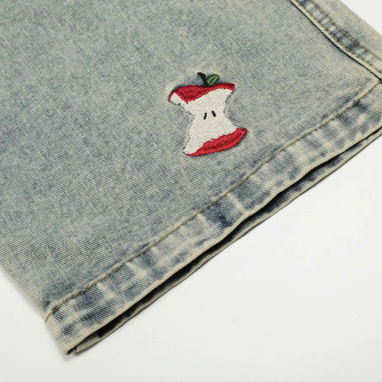 Washed Straight Cropped Jeans with playful apple core embroidery detail on cuff, showcasing trendy light blue wash.