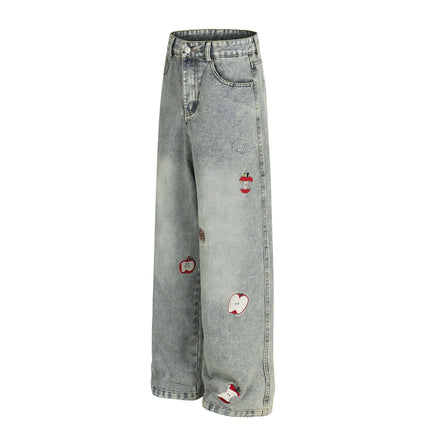 Washed Straight Cropped Jeans featuring patchwork details and a light blue washed finish for a trendy street look.