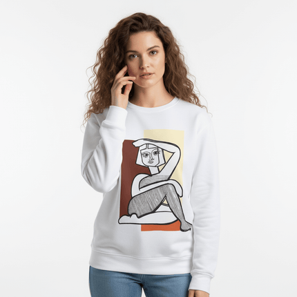 Grozavu Embroidered Pattern Hoodie – Loose Fit worn by a woman, showcasing artistic design and comfy fit.