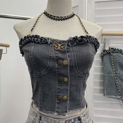 Denim Buckle Strapless Slim Fit Tank Top featuring structured denim, stylish buckle detail, and a chic strapless silhouette.