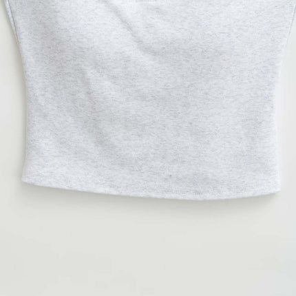 Lace Strap Button Tank Top - Slim Fit in light gray cotton with delicate lace shoulder straps and button detail.