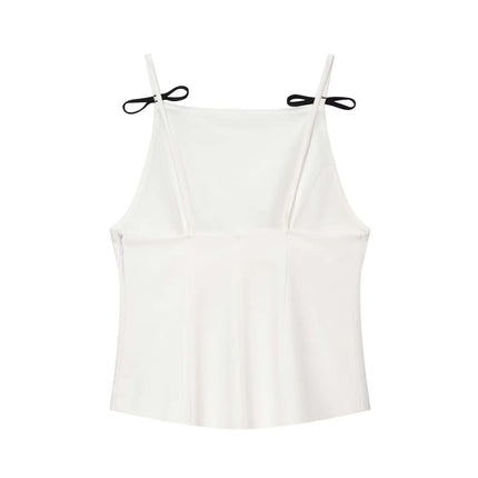 Casual Bow Detail Strap Top – Slim Fit in solid white with cute bow detail and double straps.