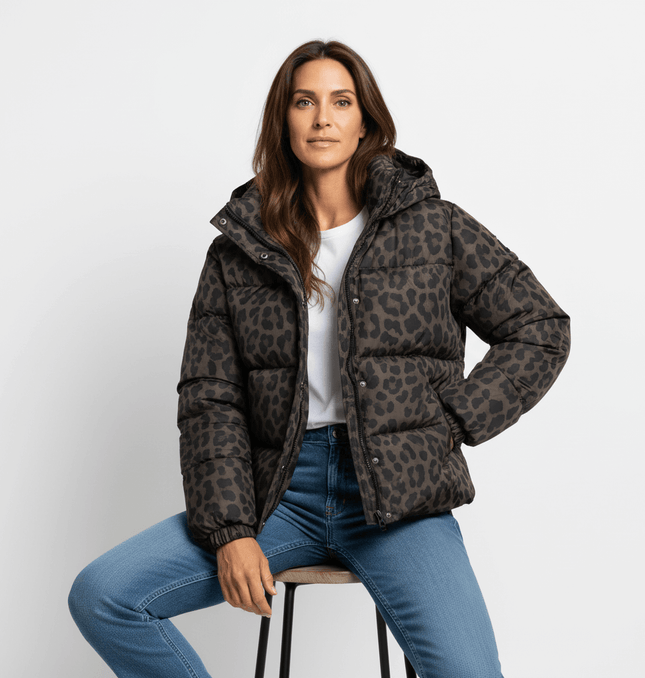 Hooded Zipper Cotton Jacket featuring a stylish leopard print design worn by a model.