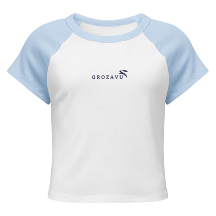 White/Navy fitted ribbed crop top with Grozavu logo