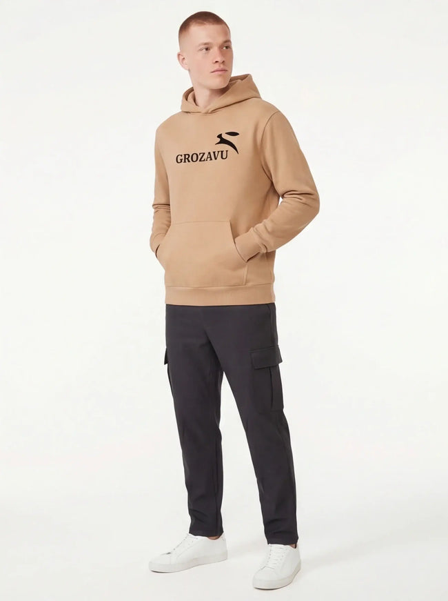 Model wearing urban garment dyed hoodie by Grozavu