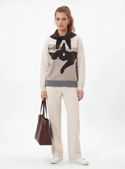 Model wearing Blue cute cat shawl knit top by Grozavu