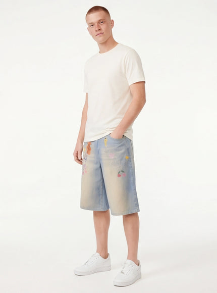 Blue cartoon chain print wide shorts with Grozavu logo