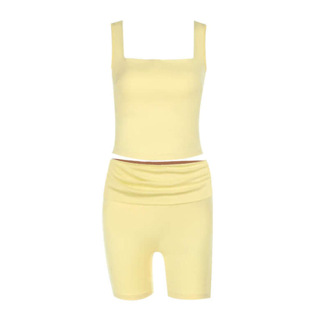 Square Collar Pleated Two-Piece Set in soft yellow, featuring a square-neck top and matching shorts.