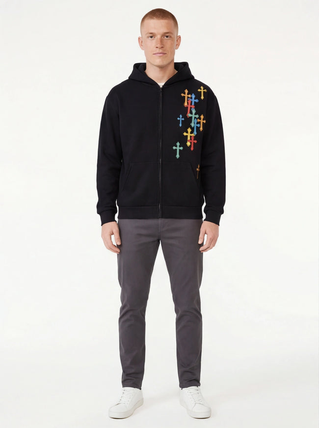 Model wearing Gray cross hooded cardigan sweatshirt by Grozavu