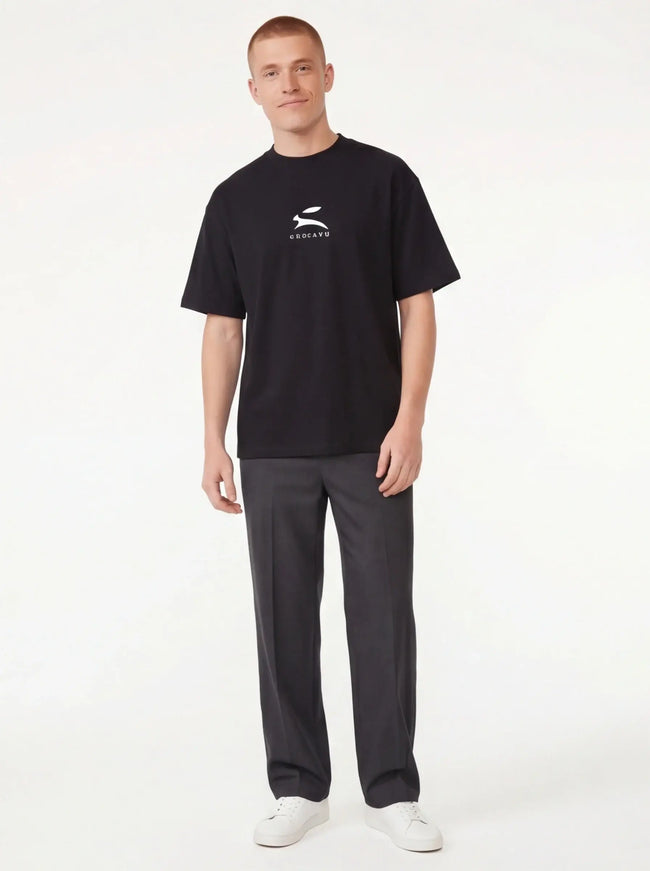 Model wearing French Navy organic oversized neck t-shirt by Grozavu