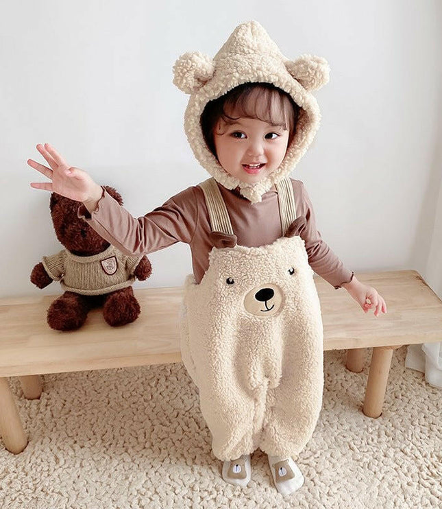 Baby Jumpsuit Autumn And Winter Plus Velvet Baby Clothing Bear Suspenders - GrozavuShop