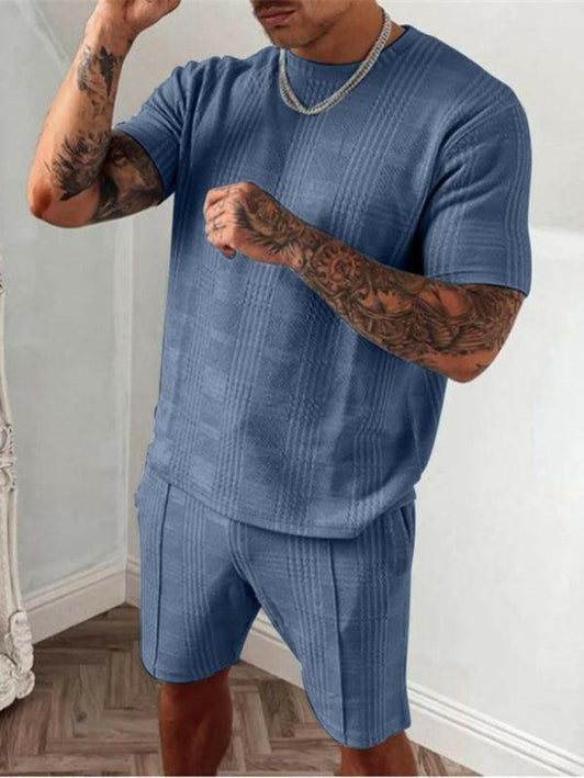 Men's casual plaid short-sleeved T-shirt + shorts two-piece set - GrozavuShop