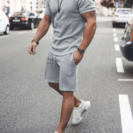 New Men's Casual Solid Color Short Sleeve Shorts Two-Piece Set at €40.99