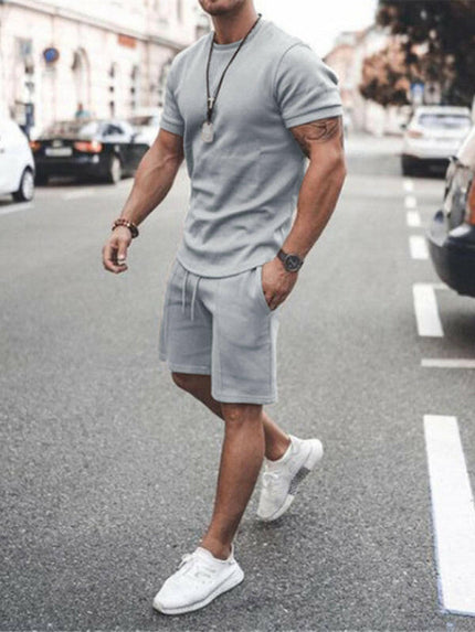 New Men's Casual Solid Color Short Sleeve Shorts Two-Piece Set at €40.99