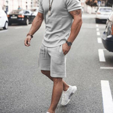 New Men's Casual Solid Color Short Sleeve Shorts Two-Piece Set at €40.99