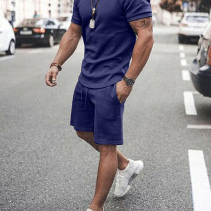 New Men's Casual Solid Color Short Sleeve Shorts Two-Piece Set at €40.99