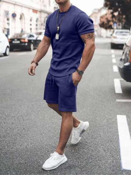 New Men's Casual Solid Color Short Sleeve Shorts Two-Piece Set at €40.99