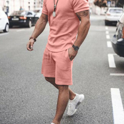 New Men's Casual Solid Color Short Sleeve Shorts Two-Piece Set at €40.99