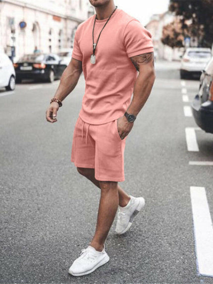 New Men's Casual Solid Color Short Sleeve Shorts Two-Piece Set at €40.99