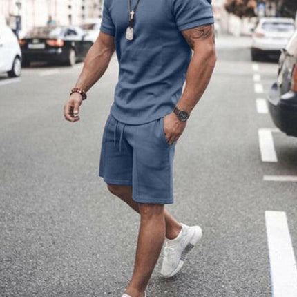 New Men's Casual Solid Color Short Sleeve Shorts Two-Piece Set at €40.99