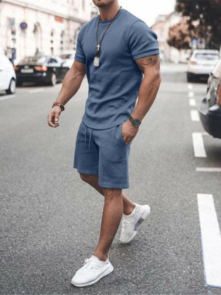 New Men's Casual Solid Color Short Sleeve Shorts Two-Piece Set at €40.99