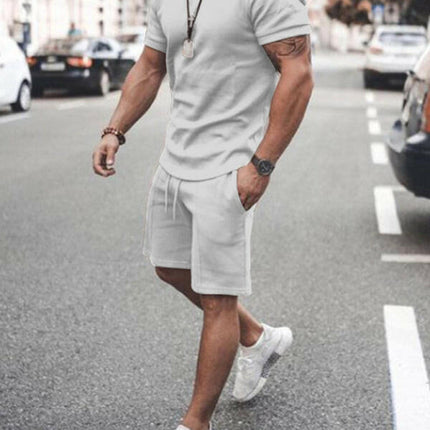 New Men's Casual Solid Color Short Sleeve Shorts Two-Piece Set at €40.99