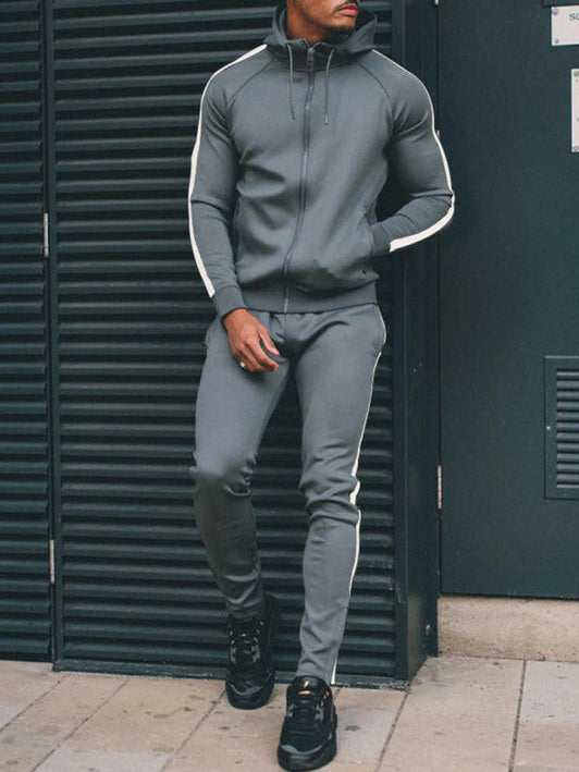 Men's casual hooded color block running fitness suit - GrozavuShop