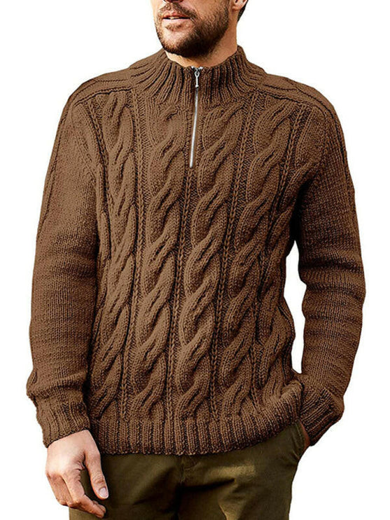 Men's new solid color zipper half turtleneck long sleeve sweater - GrozavuShop
