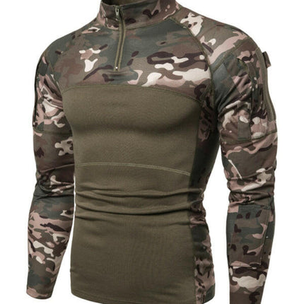 Men's Military Field Outdoor Elastic Fitness Camouflage Long Sleeve Zipper Pocket T-Shirt at €41.99