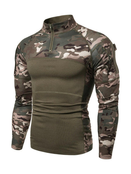 Men's Military Field Outdoor Elastic Fitness Camouflage Long Sleeve Zipper Pocket T-Shirt at €41.99