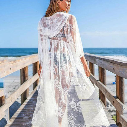 Embroidered Lace Mid Length Sun Protection Shirt Beach Hooded Over Bikini at €75.99