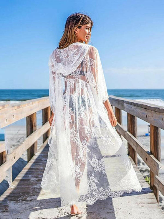 Embroidered Lace Mid Length Sun Protection Shirt Beach Hooded Over Bikini - GrozavuShop